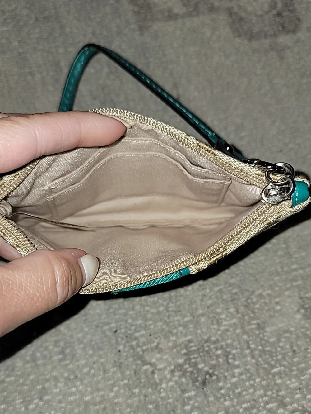 Coach Tan Signature Canvas Wristlet with Jade Green Stripe And Leather Trim